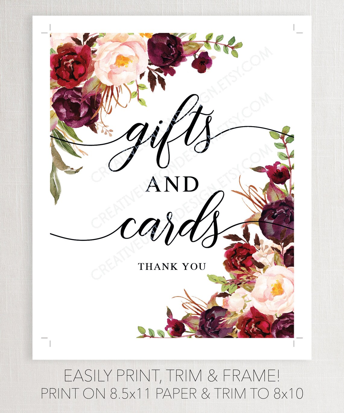 Gifts and Cards Table Sign File 8x10 Printable Marsala - Etsy