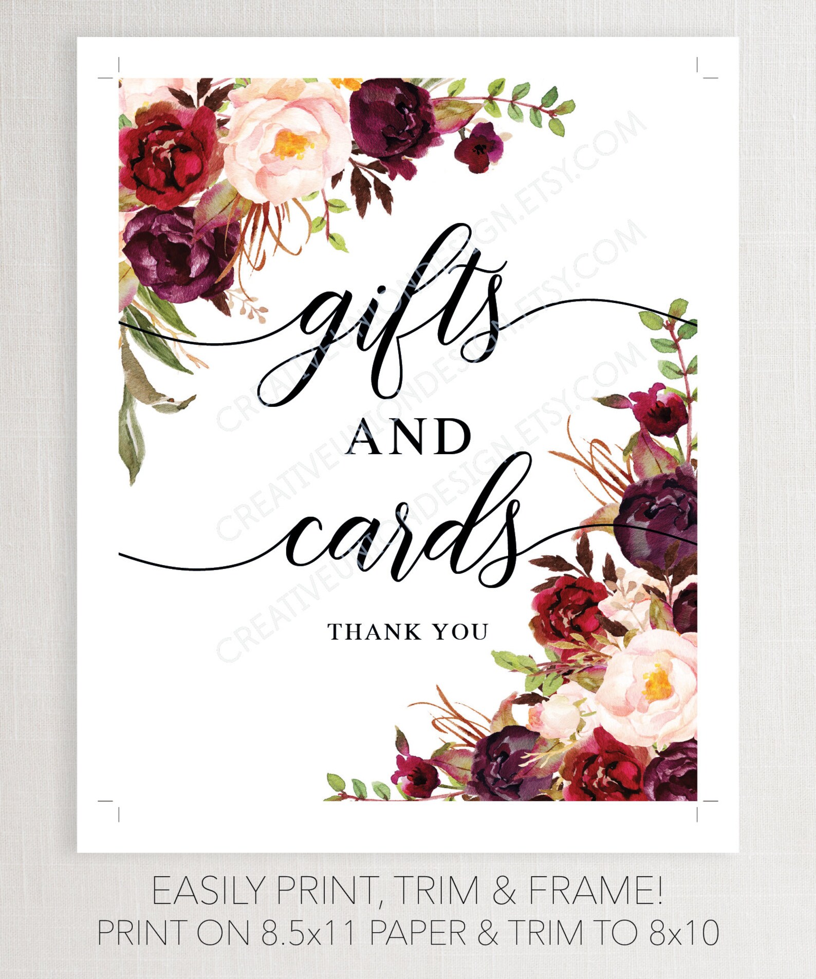 Gifts and Cards Table Sign File 8x10 Printable Marsala - Etsy