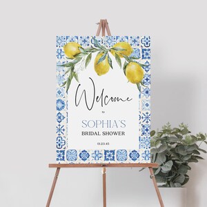 Modello di cartello di benvenuto per addio al nubilato in stile mediterraneo, cartello di benvenuto per addio al nubilato stampabile, decorazioni per la doccia, piastrelle blu, italiano, Positano, Sicilia