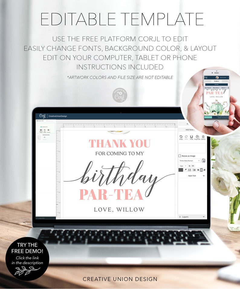 May include: Editable template for a birthday party invitation. The template features a pink and white background with the text "Thank you for coming to my birthday par-tea Love, Willow".