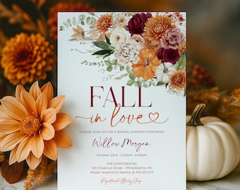 Fall in Love Bridal Shower Invitation Template Fall Floral Bridal Shower Invite Printable Boho Harvest Pumpkin Bridal Brunch Burgundy Orange