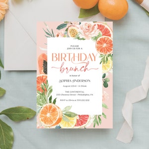 Citrus Birthday Brunch Invite Template, Lemon Birthday Party Invitation, Printable Birthday Dinner, Download, Grapefruit, Tropical Citrus