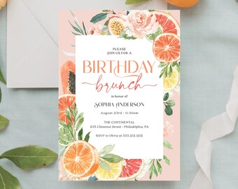 Citrus Birthday Brunch Invite Template, Lemon Birthday Party Invitation, Printable Birthday Dinner, Download, Grapefruit, Tropical Citrus