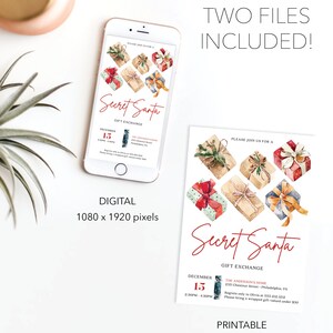 Pu&ograve; includere: Un invito digitale e stampabile per uno scambio di regali di Secret Santa. Il design presenta illustrazioni ad acquerello di regali confezionati. Il file digitale &egrave; 1080 x 1920 pixel, la versione stampabile &egrave; 5x7 pollici. Il testo include data, ora e luogo.