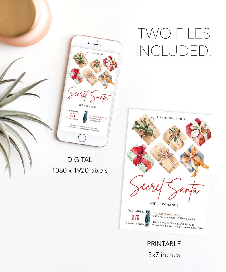 Pu&ograve; includere: Un invito digitale e stampabile per uno scambio di regali di Secret Santa. Il design presenta illustrazioni ad acquerello di regali confezionati. Il file digitale &egrave; 1080 x 1920 pixel, la versione stampabile &egrave; 5x7 pollici. Il testo include data, ora e luogo.