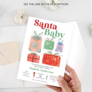 K&ouml;nnte beinhalten: Eine Babyparty-Einladung im Weihnachtsthema mit Aquarellfarben und dem Text "Santa Baby". Die Einladung zeigt farbenfrohe Geschenkillustrationen und Veranstaltungsdetails. Der Text "Need help with printing? See the link in the description!" ist ebenfalls enthalten.