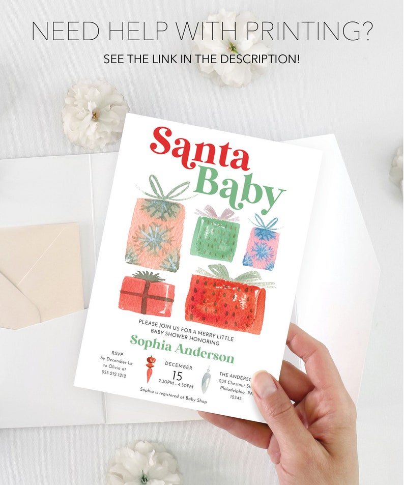 K&ouml;nnte beinhalten: Eine Babyparty-Einladung im Weihnachtsthema mit Aquarellfarben und dem Text "Santa Baby". Die Einladung zeigt farbenfrohe Geschenkillustrationen und Veranstaltungsdetails. Der Text "Need help with printing? See the link in the description!" ist ebenfalls enthalten.