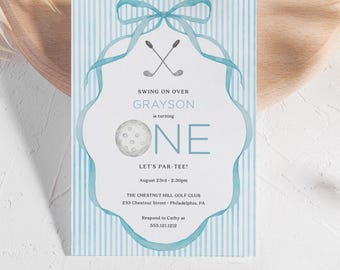 May include: A blue and white striped invitation with a golf ball and golf clubs. The text reads "Swing on over Grayson is turning One Let's Par-Tee! August 23rd - 2:30pm The Chestnut Hill Golf Club 233 Chestnut Street - Philadelphia, PA Respond to Cathy at 555.121.1212 Creative Union Design"
