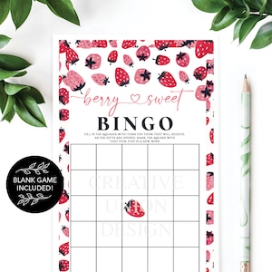 May include: A printable bingo card with a strawberry theme. The card has a title that says "berry sweet bingo". The card is surrounded by a pattern of red and pink strawberries.