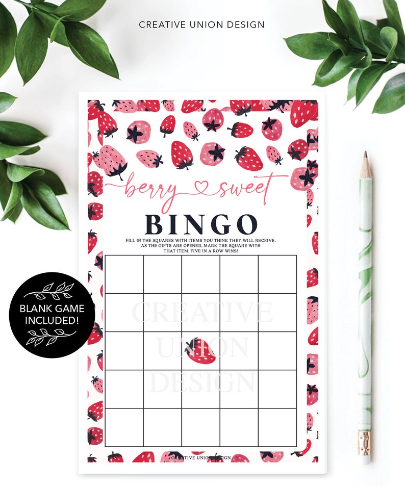 May include: A printable bingo card with a strawberry theme. The card has a title that says "berry sweet bingo". The card is surrounded by a pattern of red and pink strawberries.