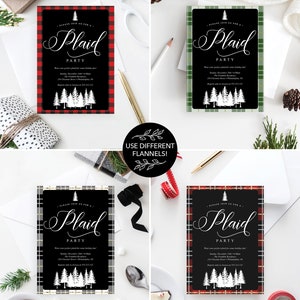 May include: Four plaid party invitations in red, green, black and white. Each invitation has the word "Plaid" in elegant script, event details, and a forest graphic. The invitations are surrounded by festive decorations.