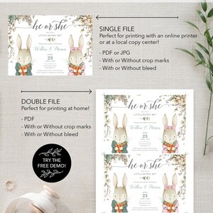 Peut inclure: Invitation de r&eacute;v&eacute;lation de sexe imprimable avec une illustration aquarelle de deux lapins, l'un en bleu et l'autre en rose, tenant des carottes. Le texte indique "He or She? Little Bunny Be? Willow & Mason April 23".