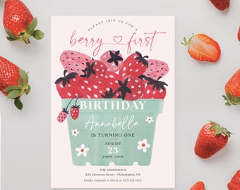Berry First Birthday Invite Template, Strawberry 1st Birthday Invitation, Berry Birthday Party, Printable Girl Birthday Party, Strawberry