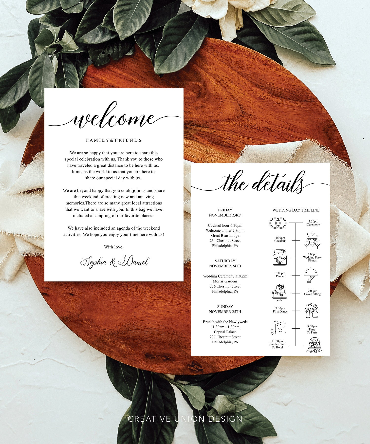 Card Wedding Welcome Sign Note Itinerary Back Bag Front Laurel Branch, Template, Designer Online