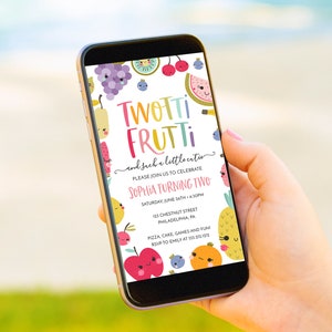 Digital 2nd Birthday Party Invitation, Birthday Invite for Her, Electronic Invite, Phone, Text, Editable Template, Twotti Frutti, Fruit