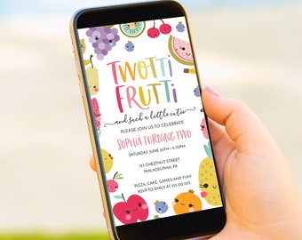 Digital 2nd Birthday Party Invitation, Birthday Invite for Her, Electronic Invite, Phone, Text, Editable Template, Twotti Frutti, Fruit