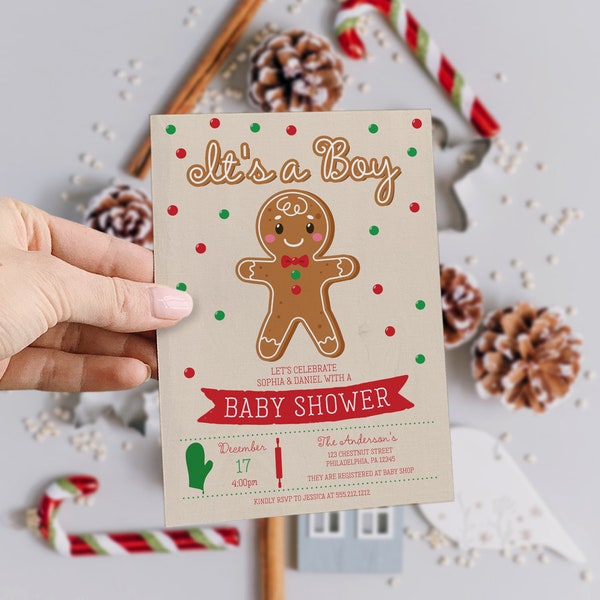 It's A Boy Baby Shower Invitation Template, Printable Baby Shower Boy Invite, Editable Christmas Gingerbread, Baking, Baby Boy, Holiday