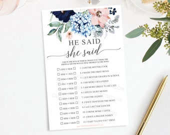 He Said She Said Bridal Shower Game - Bridal Shower Game - Wedding Shower - Print at Home - Instant Download - Wedding - Navy Blooms