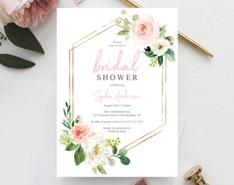 Floral Bridal Shower Invitation Template, Bridal Shower Invite, Bridal Brunch Invite, Gold Frame, Blush Roses, Airy Blush, Brunch and Bubbly