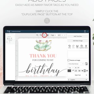 May include: A laptop screen displaying a design template for a birthday party favor tag. The template features a watercolor illustration of a teacup and saucer, with the text "Thank You for Coming to My Birthday". The screen also shows the design software's interface, with options for adding text, images, and layers.