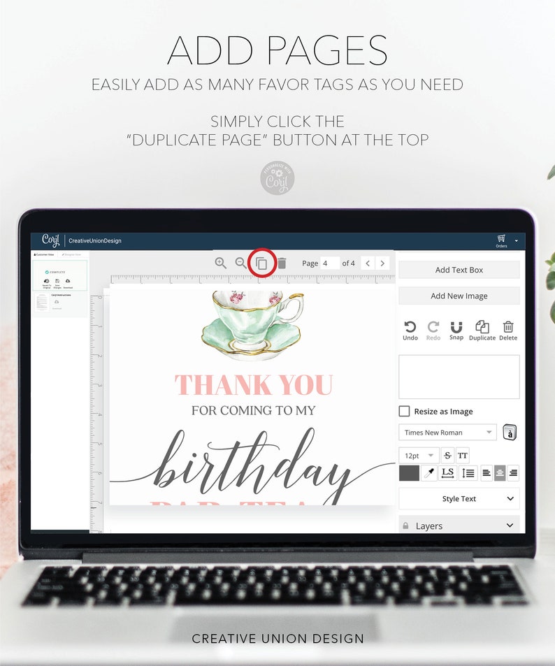 May include: A laptop screen displaying a design template for a birthday party favor tag. The template features a watercolor illustration of a teacup and saucer, with the text "Thank You for Coming to My Birthday". The screen also shows the design software's interface, with options for adding text, images, and layers.