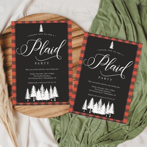 May include: Two invitations with a black background and red plaid border. The invitations read "Plaid Party" in elegant white script. The invitations include the event details and a white tree graphic.