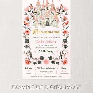 Pu&ograve; includere: Un'illustrazione di un castello rosa e bianco con dettagli floreali. Il testo "C'era una volta" &egrave; in cima all'invito. Il testo "Sophia Anderson 5th Birthday" &egrave; al centro dell'invito. Il testo "The Anderson's Castle 123 Chestnut Street Philadelphia, PA" &egrave; in fondo all'invito. Il testo "February 17 Saturday" &egrave; sul lato sinistro dell'invito. Il testo "Arrive 3:30 in the afternoon" &egrave; sul lato destro dell'invito.