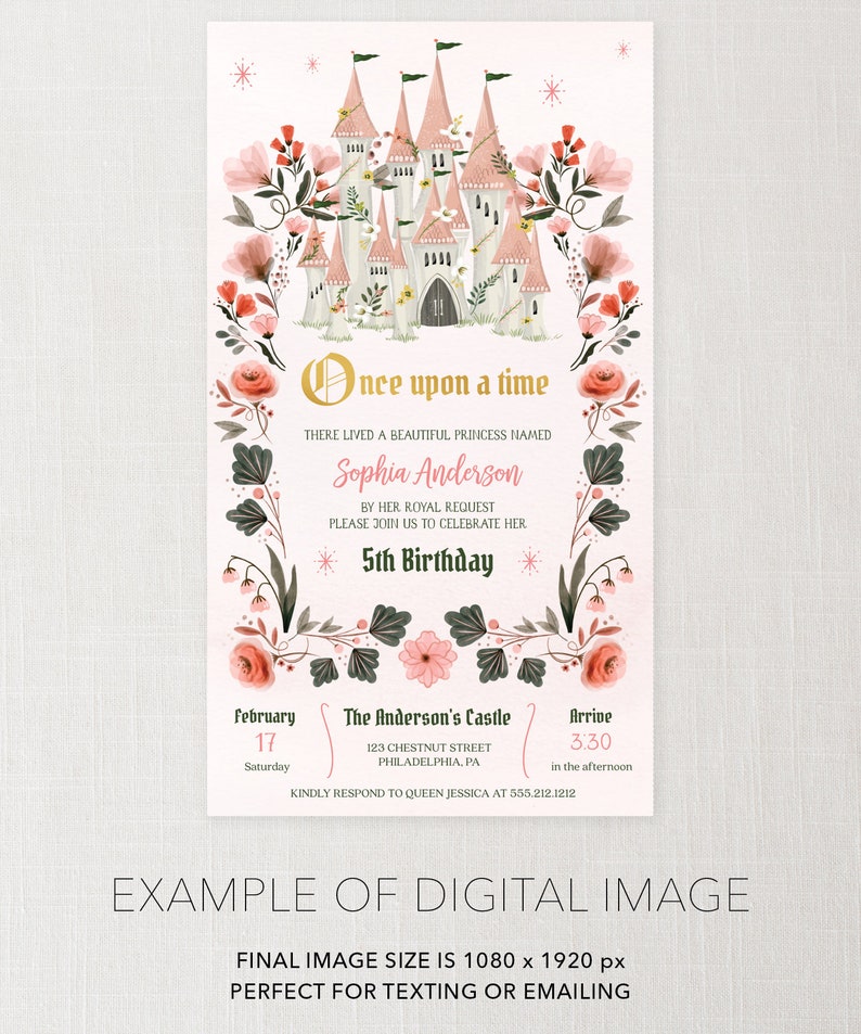 Pu&ograve; includere: Un'illustrazione di un castello rosa e bianco con dettagli floreali. Il testo "C'era una volta" &egrave; in cima all'invito. Il testo "Sophia Anderson 5th Birthday" &egrave; al centro dell'invito. Il testo "The Anderson's Castle 123 Chestnut Street Philadelphia, PA" &egrave; in fondo all'invito. Il testo "February 17 Saturday" &egrave; sul lato sinistro dell'invito. Il testo "Arrive 3:30 in the afternoon" &egrave; sul lato destro dell'invito.