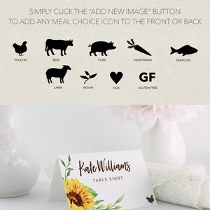 May include: A white place card featuring a sunflower design and the text "Kate Williams, Table Eight." The card is displayed with meal choice icons, such as poultry, beef, pork, vegetarian, and gluten-free options.