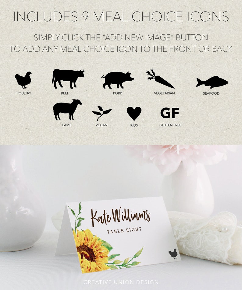 May include: A white place card featuring a sunflower design and the text "Kate Williams, Table Eight." The card is displayed with meal choice icons, such as poultry, beef, pork, vegetarian, and gluten-free options.