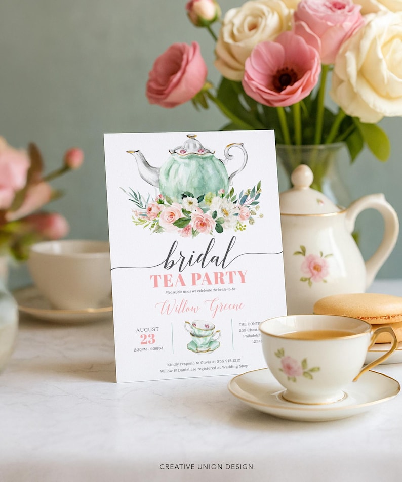 Plantilla de invitación para fiesta de té nupcial, invitación para fiesta de té de despedida de soltera, invitación imprimible para despedida de soltera, brunch nupcial, desayuno nupcial imagen 1