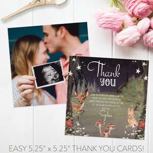 May include: 5.25 x 5.25 inch thank you cards with a woodland theme. The cards feature a deer, a rabbit, mushrooms, and a starry night sky. The text on the card reads "Thank You" and "Sophia".