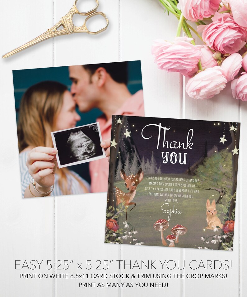 May include: 5.25 x 5.25 inch thank you cards with a woodland theme. The cards feature a deer, a rabbit, mushrooms, and a starry night sky. The text on the card reads "Thank You" and "Sophia".