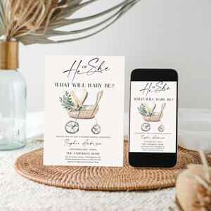 May include: A gender reveal invitation card and a smartphone displaying the same design. The card features the text He or She What Will Baby Be? above a watercolor illustration of a wicker baby carriage with greenery and event details.