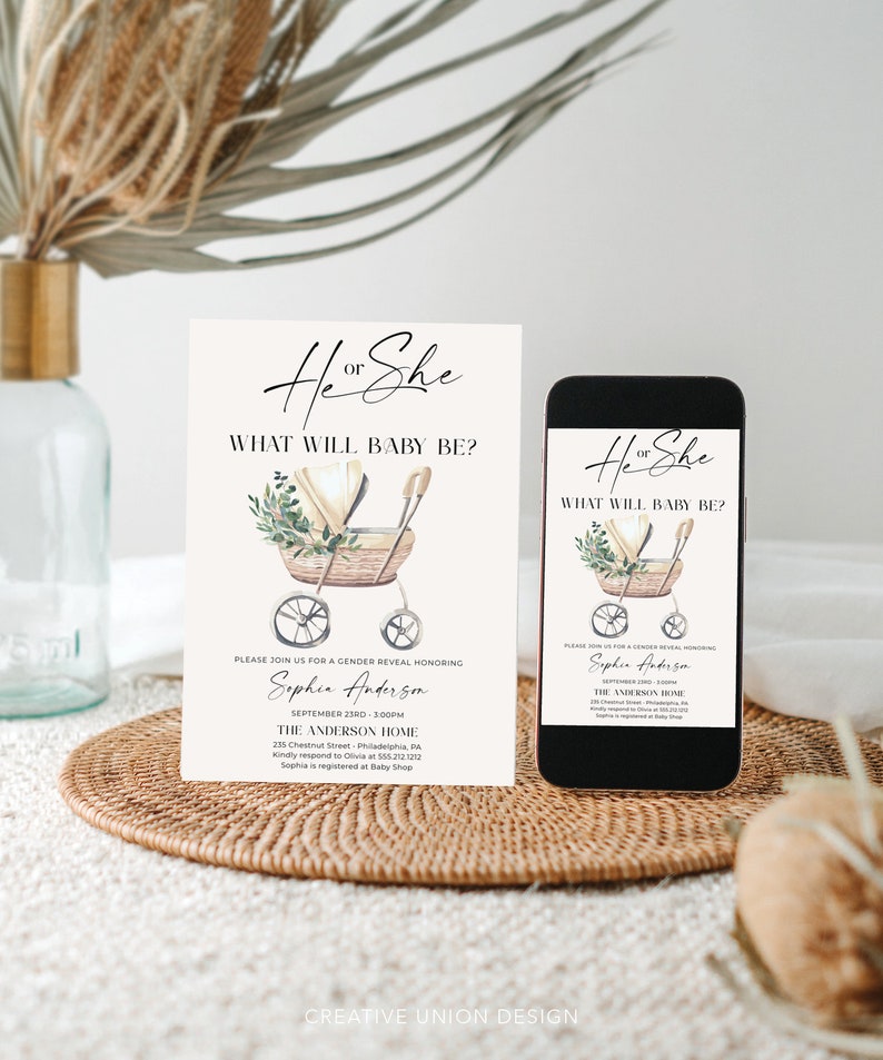 May include: A gender reveal invitation card and a smartphone displaying the same design. The card features the text He or She What Will Baby Be? above a watercolor illustration of a wicker baby carriage with greenery and event details.