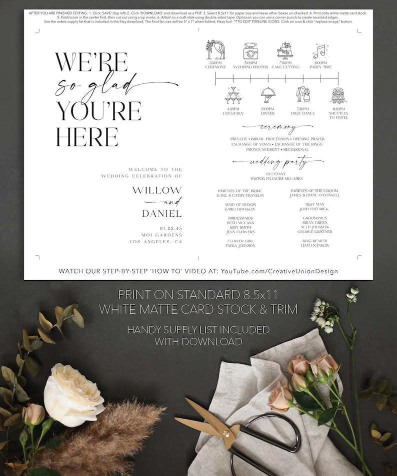 May include: A wedding invitation template with elegant calligraphy. The design includes a timeline, names, and event details. The image also shows flowers, scissors, and fabric, suggesting a DIY wedding theme.
