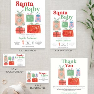 K&ouml;nnte beinhalten: Ein Set Babyparty-Papeterie mit dem Thema Santa Baby. Das Design umfasst Einladungen, Dankeskarten und Eins&auml;tze f&uuml;r B&uuml;cher und eine Windel-Tombola. Die Farbpalette zeigt rote, gr&uuml;ne und rosa Aquarell-Geschenkillustrationen.