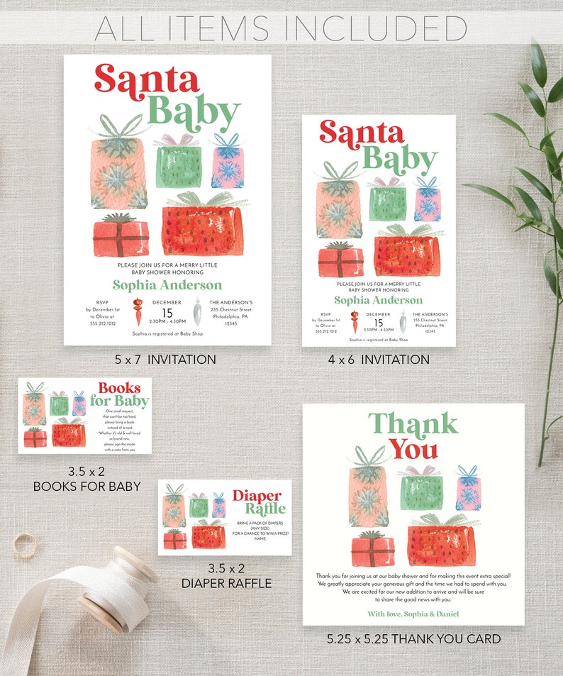 K&ouml;nnte beinhalten: Ein Set Babyparty-Papeterie mit dem Thema Santa Baby. Das Design umfasst Einladungen, Dankeskarten und Eins&auml;tze f&uuml;r B&uuml;cher und eine Windel-Tombola. Die Farbpalette zeigt rote, gr&uuml;ne und rosa Aquarell-Geschenkillustrationen.