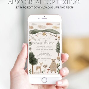 May include: A digital invitation for a baby shower with a woodland theme. The invitation features a watercolor illustration of a forest with a deer, a bear, and flowers. The text reads "Please join us for a baby shower" and includes the names of the parents-to-be, the date, time, and location of the shower. The invitation also includes an RSVP number and information about where the baby is registered.
