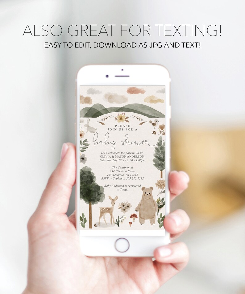 May include: A digital invitation for a baby shower with a woodland theme. The invitation features a watercolor illustration of a forest with a deer, a bear, and flowers. The text reads "Please join us for a baby shower" and includes the names of the parents-to-be, the date, time, and location of the shower. The invitation also includes an RSVP number and information about where the baby is registered.