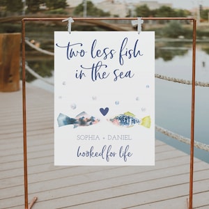 Placa de boas-vindas para casamento com dois peixes a menos no mar com foto, modelo de placa de boas-vindas editável, decorações de casamento, placa de jantar de ensaio