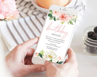 Digital Birthday Brunch Invitation, Birthday Invite for Her, Electronic Invite, Phone, Text, Any Age, Editable Template, Watercolor, Floral