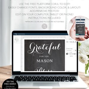 Puede incluir: Un ordenador port&aacute;til muestra un dise&ntilde;o de estilo pizarra con la palabra "Grateful" en escritura elegante, seguida de "For You" y "Mason Bless". Un smartphone muestra el mismo dise&ntilde;o. El texto "Fully Editable Template" est&aacute; en la parte superior.