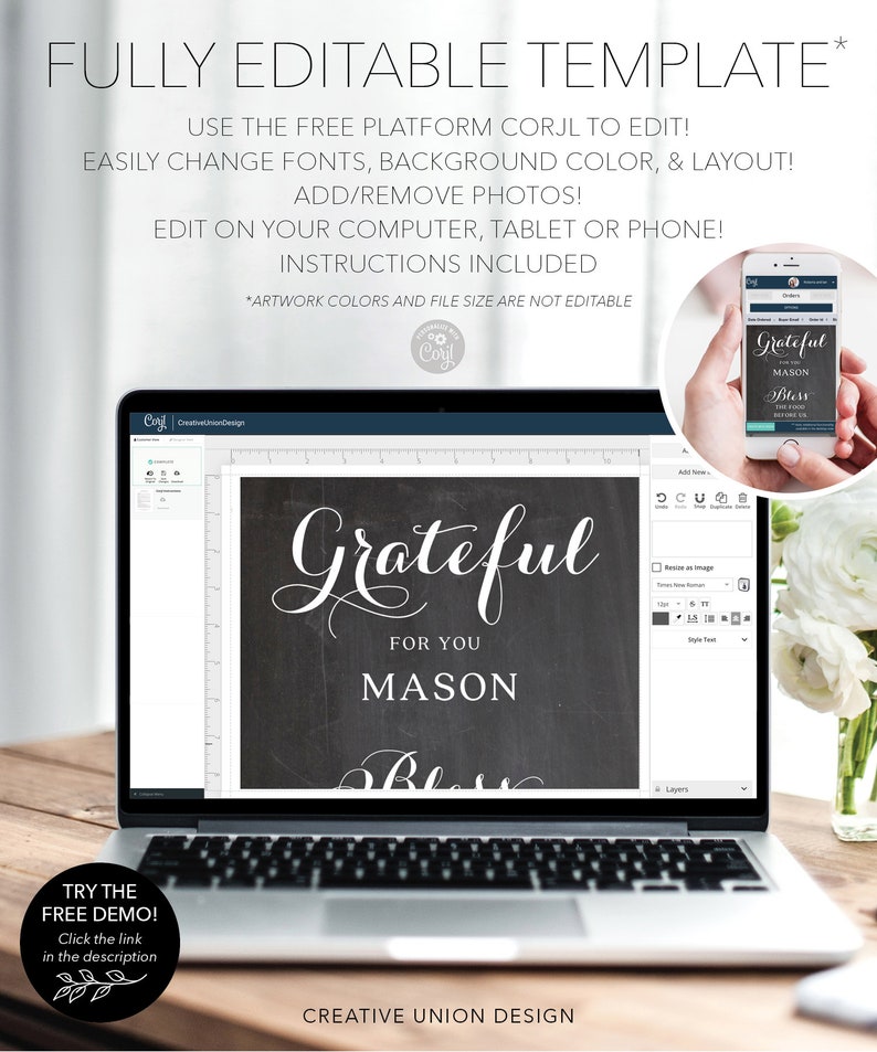 Puede incluir: Un ordenador port&aacute;til muestra un dise&ntilde;o de estilo pizarra con la palabra "Grateful" en escritura elegante, seguida de "For You" y "Mason Bless". Un smartphone muestra el mismo dise&ntilde;o. El texto "Fully Editable Template" est&aacute; en la parte superior.