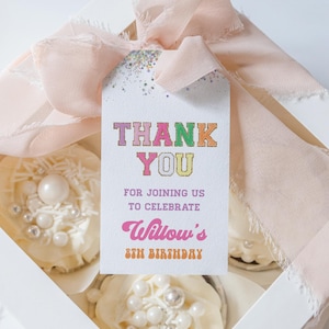 Etiqueta de regalo de cumpleaños con letras de parche, plantilla de etiqueta de agradecimiento, regalos, purpurina, etiqueta de regalo de fiesta de cumpleaños, fiesta de cumpleaños de niña, cumpleaños de adolescente