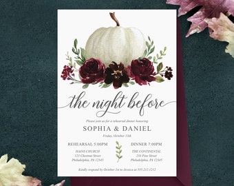 Fall Wedding Rehearsal Dinner Invitation Template, Printable, The Night Before, Burgundy Pumpkin, White Pumpkin, Rustic, Rehearsal Dinner