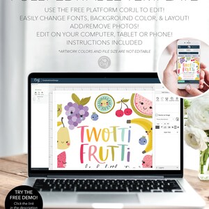May include: A laptop screen displaying a colorful digital design with the text "TWOTTI FRUTTI" in a rainbow font. The design features various fruits with smiling faces. The laptop is on a wooden table with a white flower arrangement in the background.
