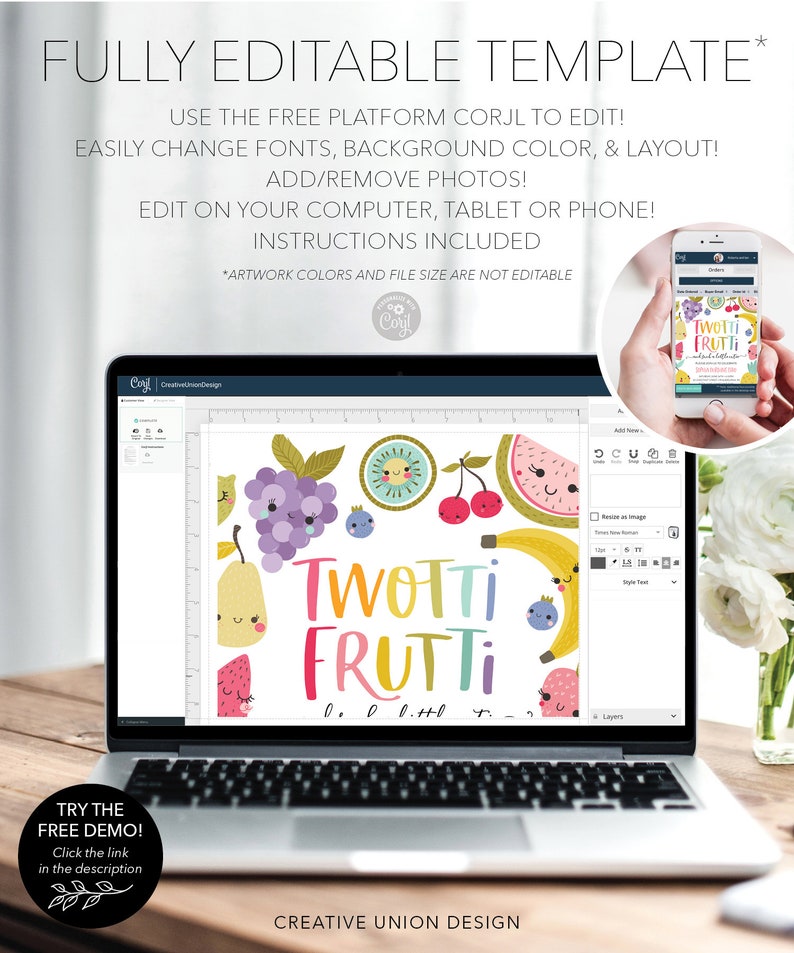 May include: A laptop screen displaying a colorful digital design with the text "TWOTTI FRUTTI" in a rainbow font. The design features various fruits with smiling faces. The laptop is on a wooden table with a white flower arrangement in the background.