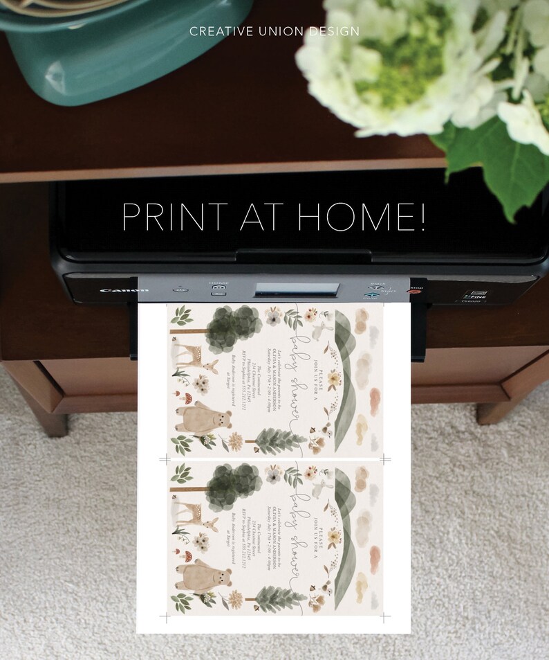 May include: Two printable baby shower invitations with a woodland theme. The invitations feature a brown bear, deer, and trees with a watercolor effect. The text on the invitations reads "Please join us for a baby shower" and includes the names Olivia & Mason Anderson, the date, time, and location of the shower.