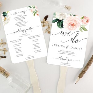 Plantilla de abanico para programa de boda, abanico editable, programas de boda imprimibles, abanico de boda para invitados, flores ruborizadas, acuarela floral imagen 6